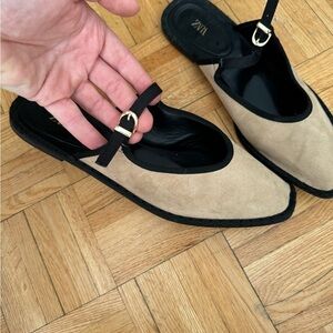 Zara Tan and Black Buckle Flats